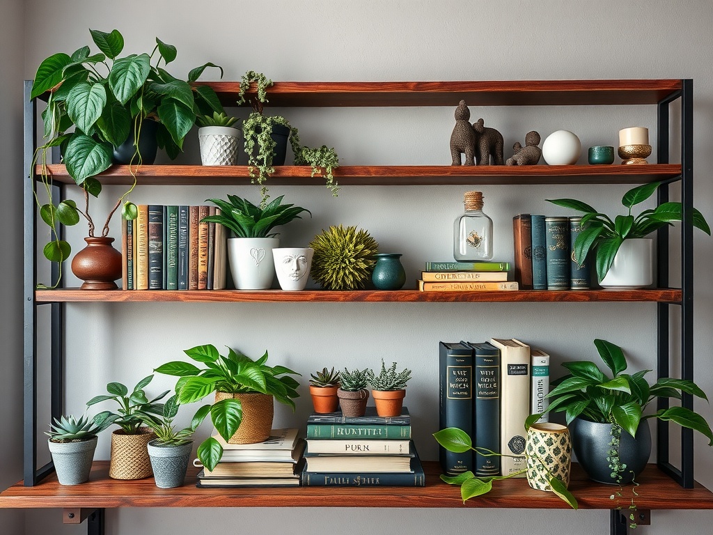 A well-arranged shelf featuring various plants, books, and decorative items.