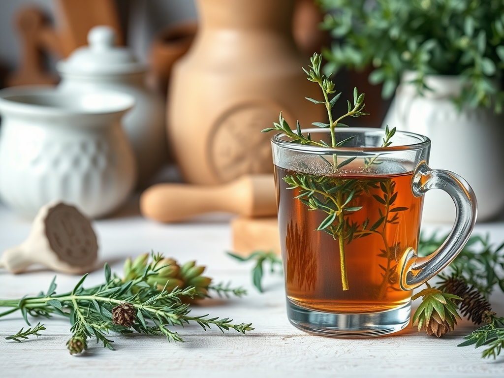 A cup of herbal tea with fresh thyme sprigs