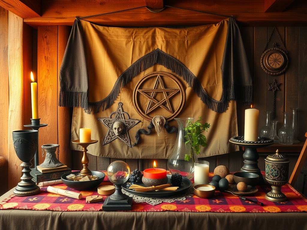 Traditional Wiccan altar setup with candles, crystals, and nature elements.