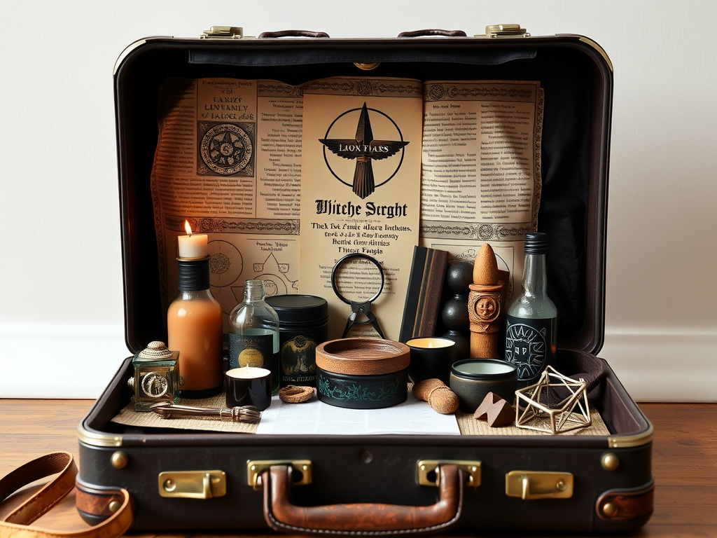 A portable witchcraft altar setup in a suitcase, featuring candles, bottles, and tools.