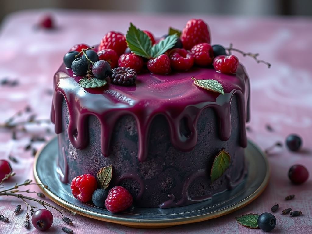 A beautifully decorated cake with a dark chocolate base and a shiny berry glaze, topped with fresh raspberries and blueberries.