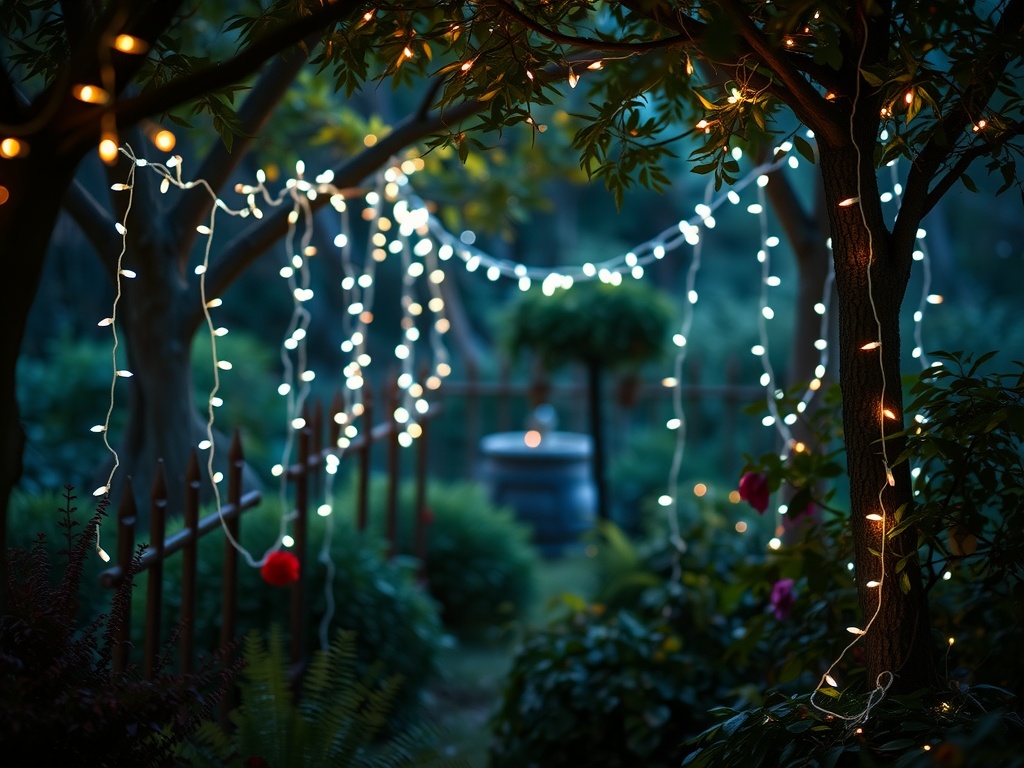 A garden adorned with twinkling fairy lights hanging from trees, creating a magical nighttime atmosphere.