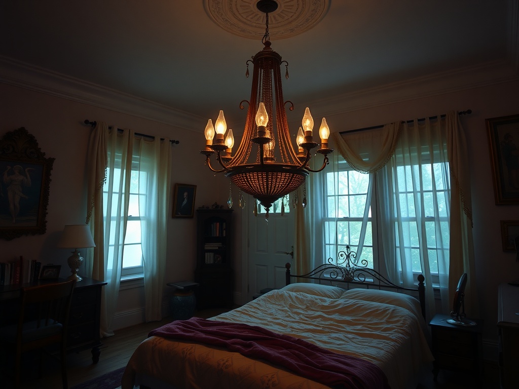 A cozy bedroom featuring a vintage chandelier with warm lighting, complementing soft drapes and a stylish decor.