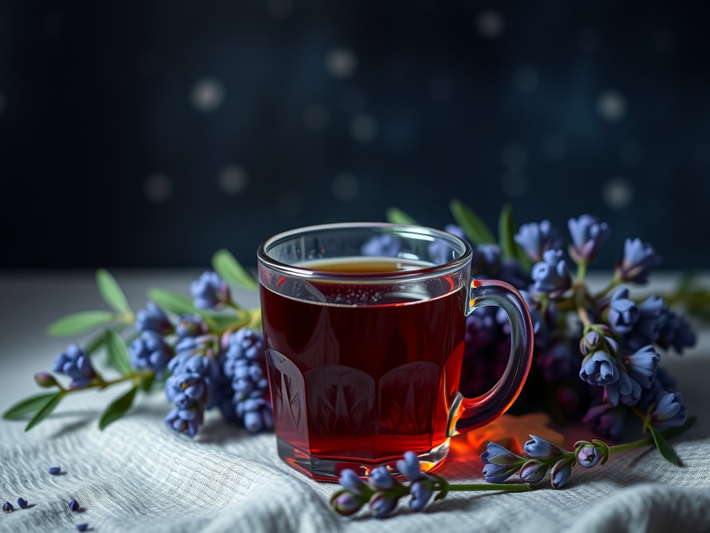 A cozy cup of valerian herbal tea surrounded by calming herbs, perfect for nighttime relaxation.