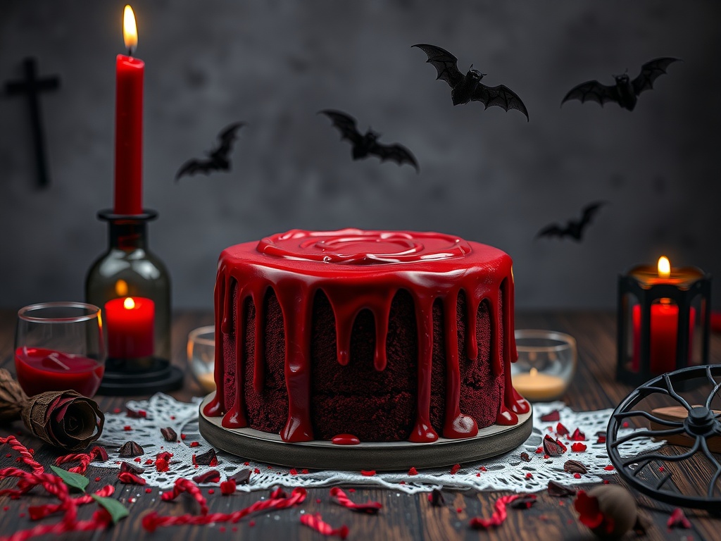 A red velvet cake with blood-like glaze, surrounded by candles and bats, perfect for a witchy birthday.