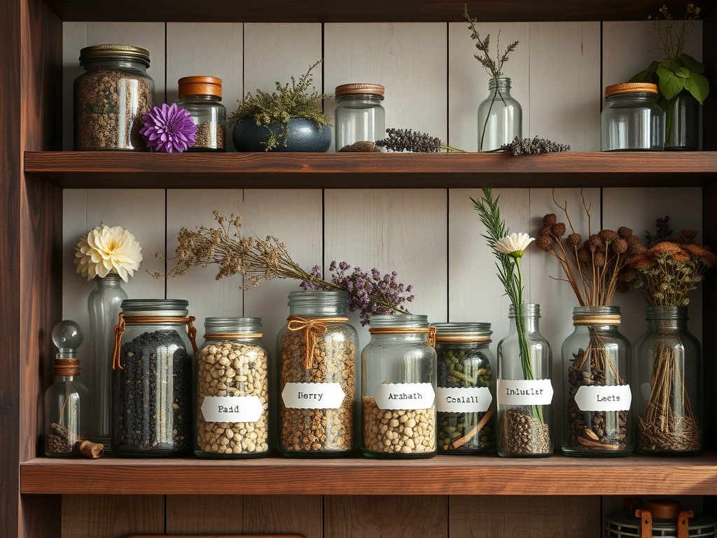 A wooden shelf filled with vintage apothecary jars containing various herbs and flowers.