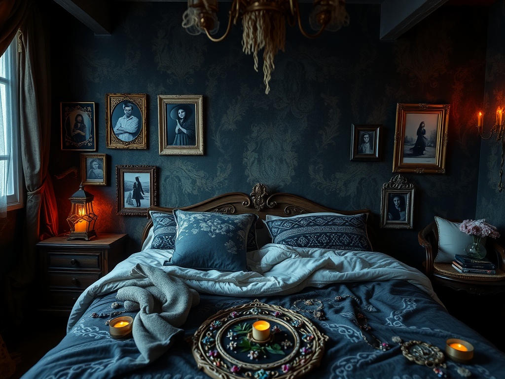 A gothic boho bedroom featuring vintage photoframes on dark walls, a cozy bed with textured bedding, and warm lighting from a lantern and candles.