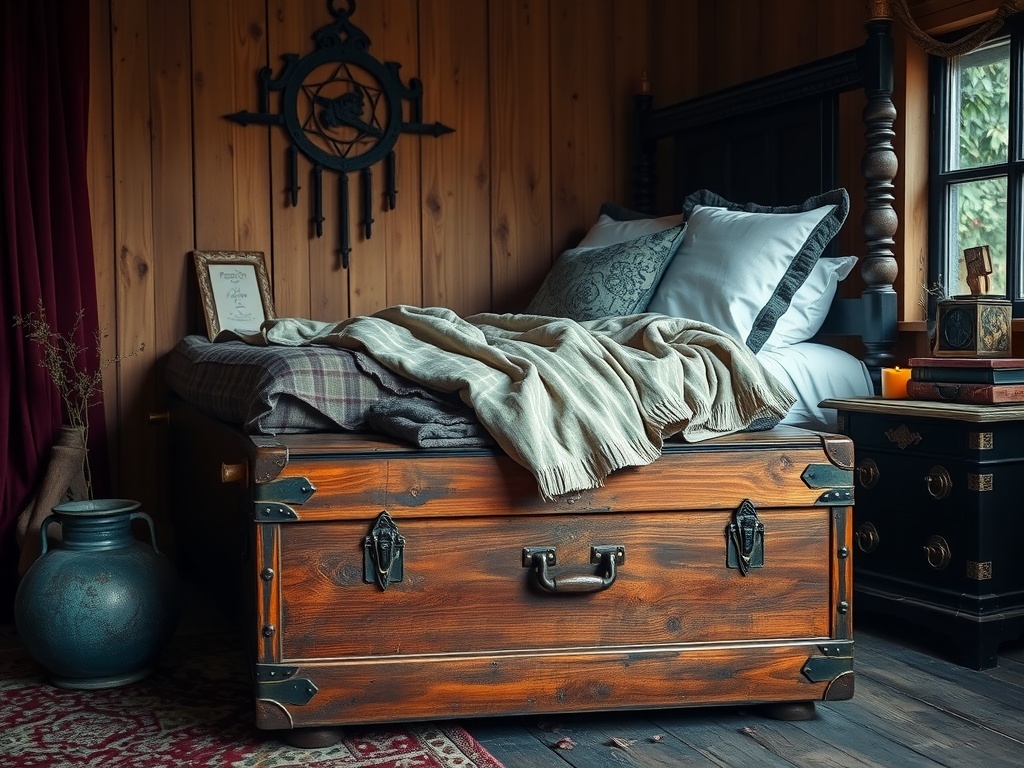 A vintage wooden trunk at the foot of a bed, decorated with a cozy blanket, pillows, and surrounded by a rustic room setting.