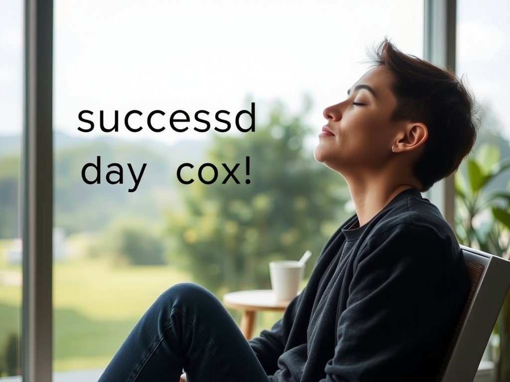 A person enjoying a moment of peace, eyes closed, visualizing success with a serene background.