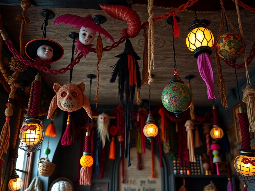 A whimsical ceiling decor featuring colorful hanging lanterns, masks, and tassels, creating a playful atmosphere.