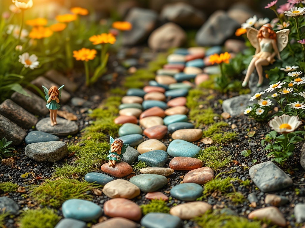 A whimsical fairy garden pathway made of colorful pebbles with flowers and fairy figurines.