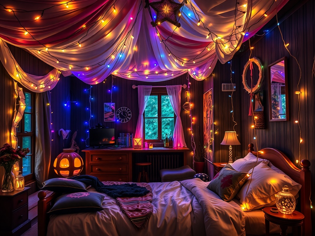 A cozy Gothic Boho bedroom adorned with colorful fairy lights.