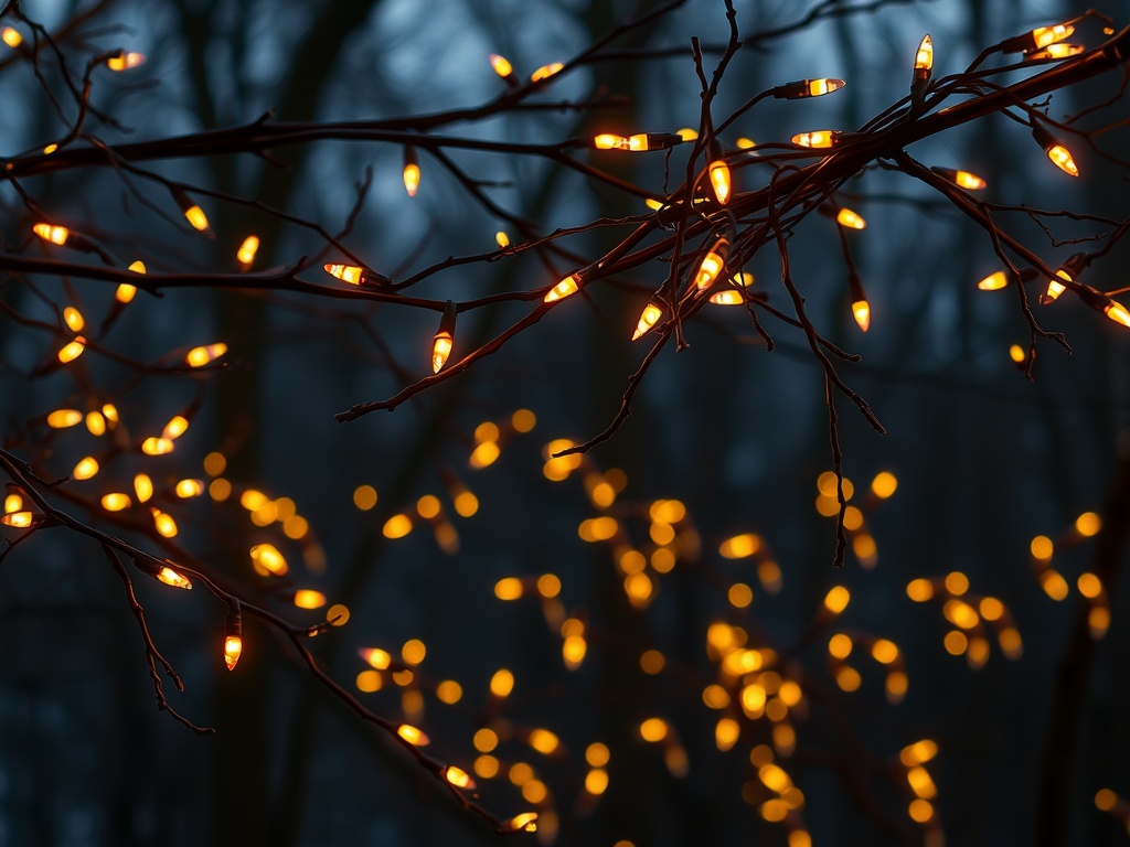 Warm fairy lights glowing on branches in a dark forest setting