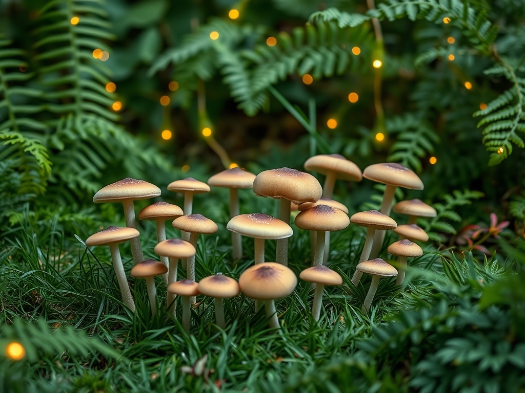 A cluster of small mushrooms in a lush green garden, adorned with soft twinkling lights.