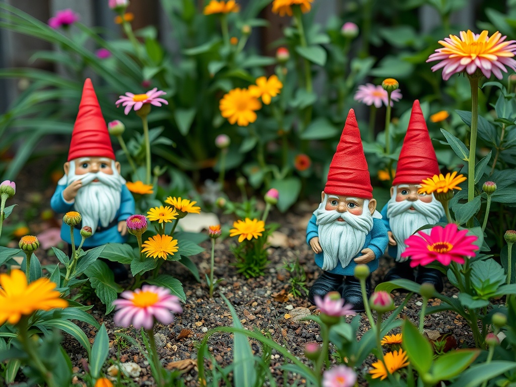 Three colorful garden gnomes surrounded by vibrant flowers in a backyard garden.