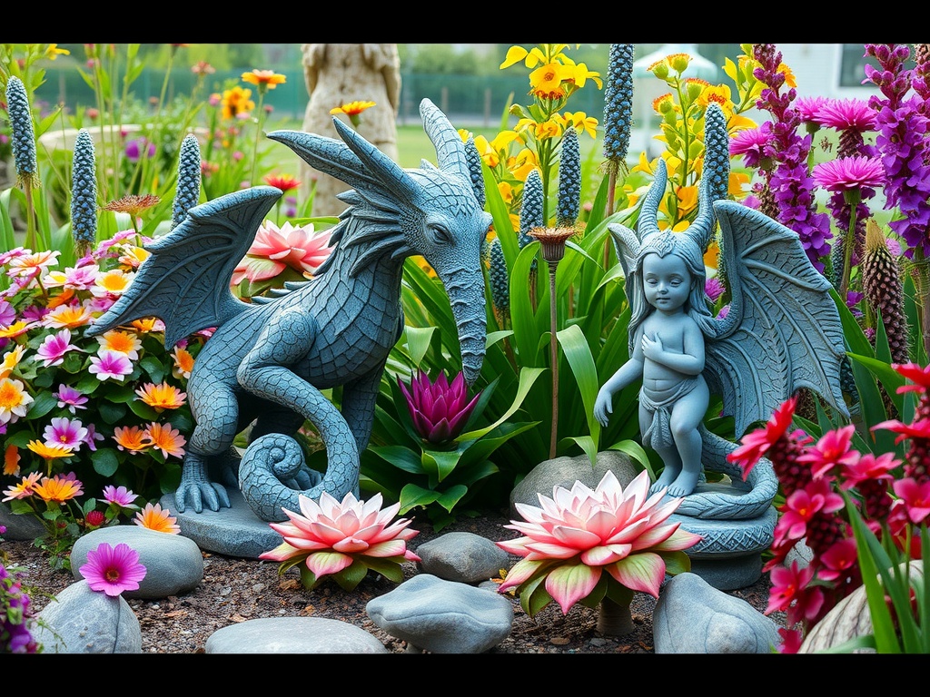 A whimsical garden scene featuring a detailed dragon statue and a child with wings, surrounded by colorful flowers and lotus plants.