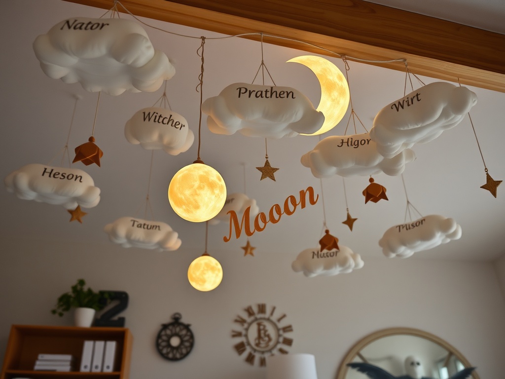 Whimsical bedroom hangings featuring fluffy clouds, glowing moons, and stars suspended from the ceiling.