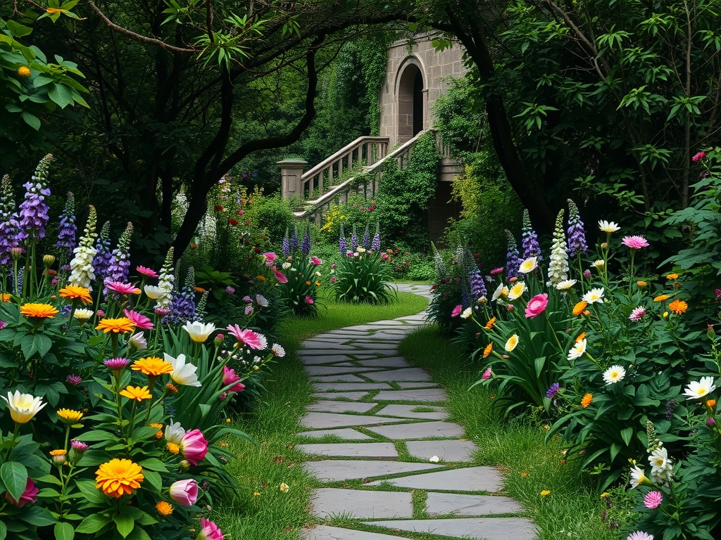 A winding stone path leads through a lush garden filled with colorful flowers and greenery.