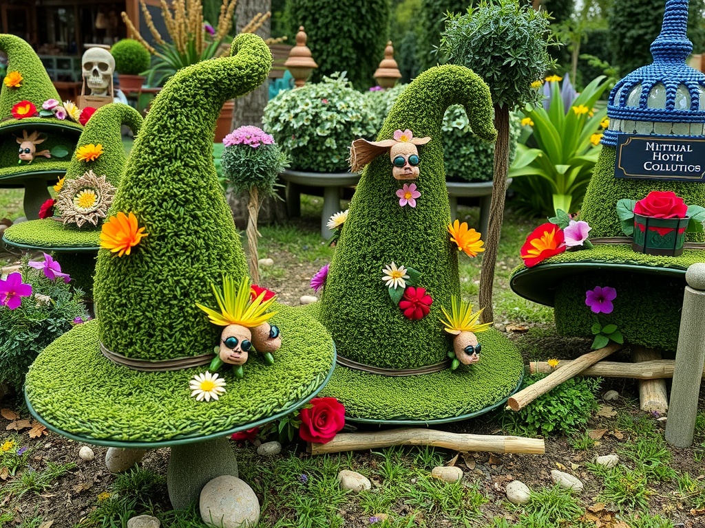 Three green witch hat topiaries adorned with flowers and playful decorations in a garden setting.