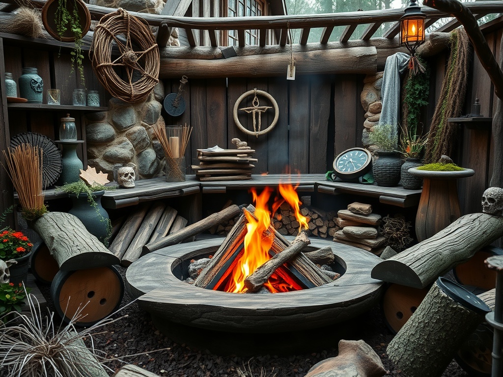 A cozy fire pit setup with logs and flames, surrounded by rustic decor and mystical items.