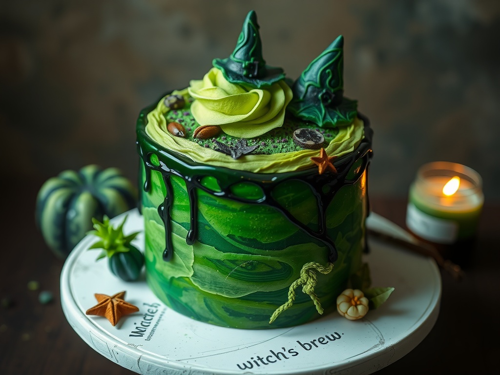 A beautifully decorated green tea cake with witch-themed toppings, including green frosting, star anise, and whimsical green hats.