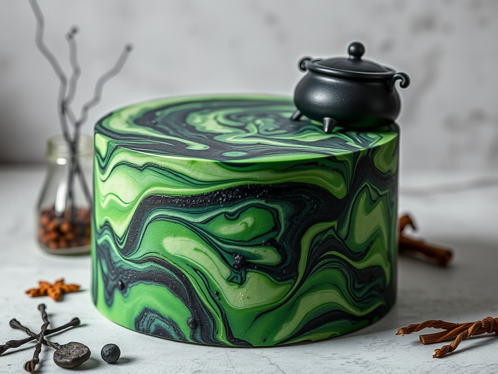 A mesmerizing green and black marble cake topped with a small black cauldron, surrounded by witchy decor.