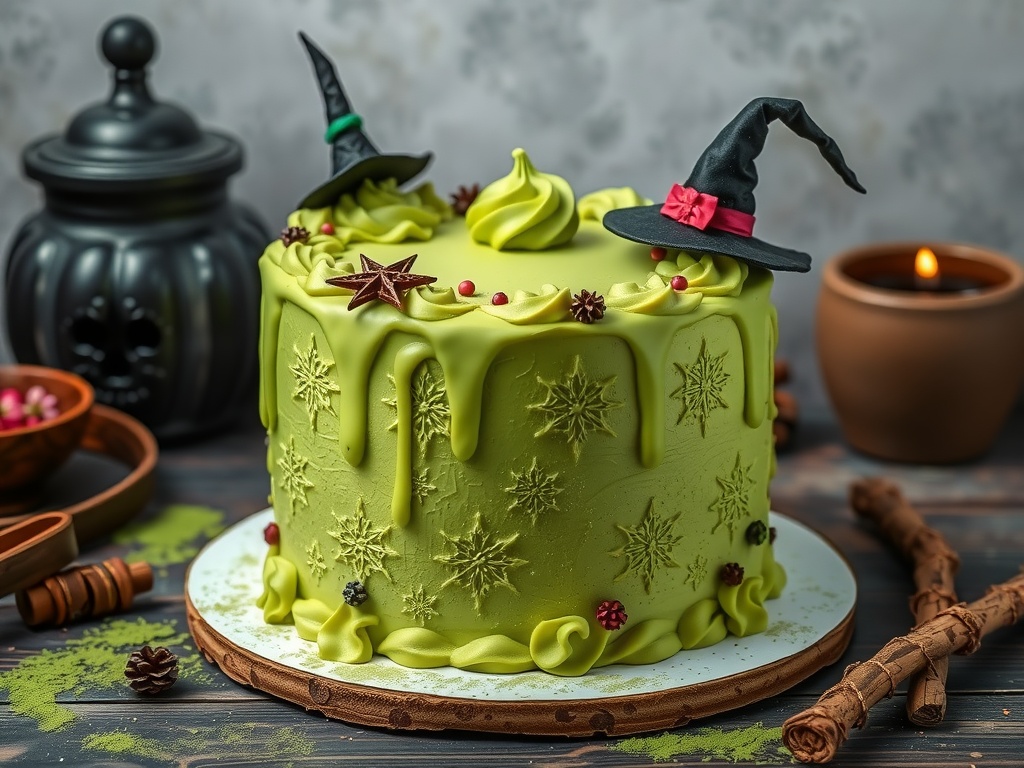 A vibrant green matcha cake decorated with witch hats and snowflake designs, set against a dark background.