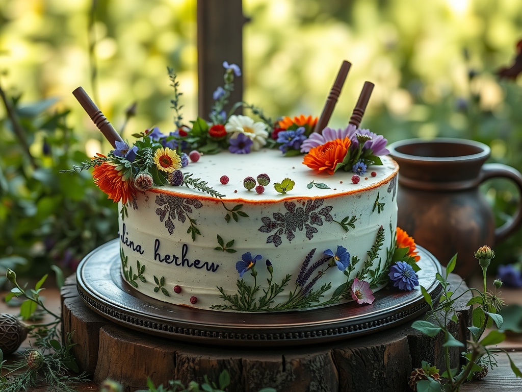 A beautifully decorated herb cake with edible flowers and fresh herbs, set in a garden-like environment.