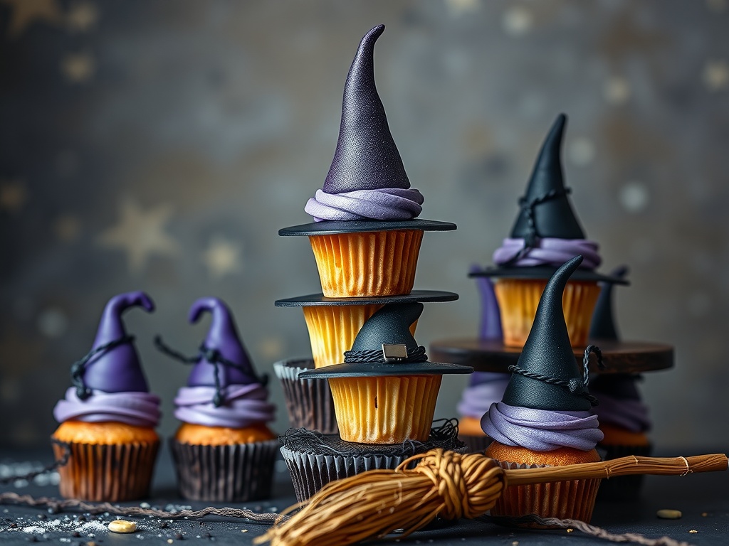 A tower of witch's hat cupcakes with purple and black frosting, surrounded by a small broomstick.