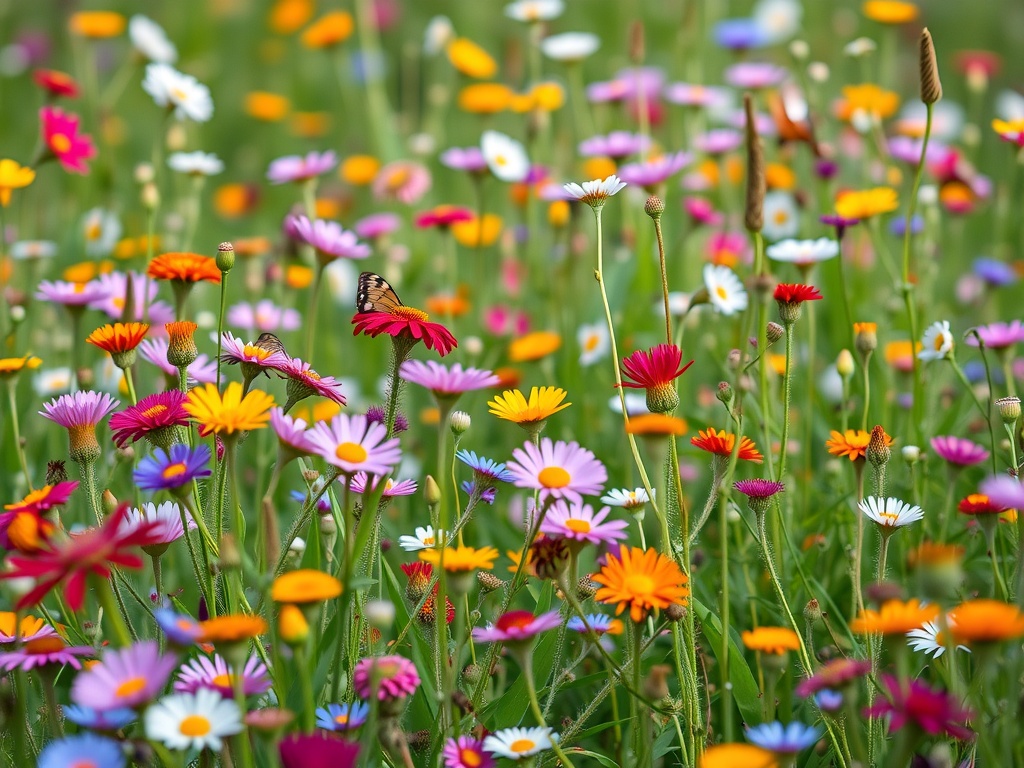 A colorful wildflower meadow filled with various flowers, including daisies, marigolds, and more, with butterflies fluttering around.