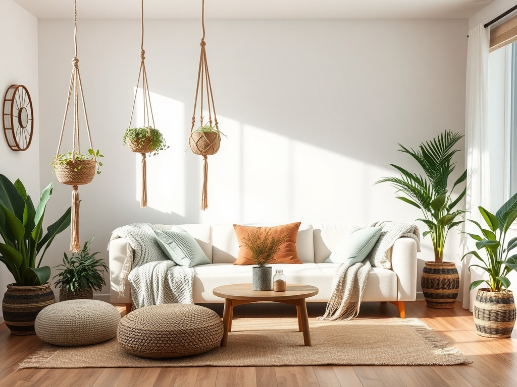 A cozy living room with woven natural textiles, featuring macramé plant hangers, a comfortable sofa, and potted plants.