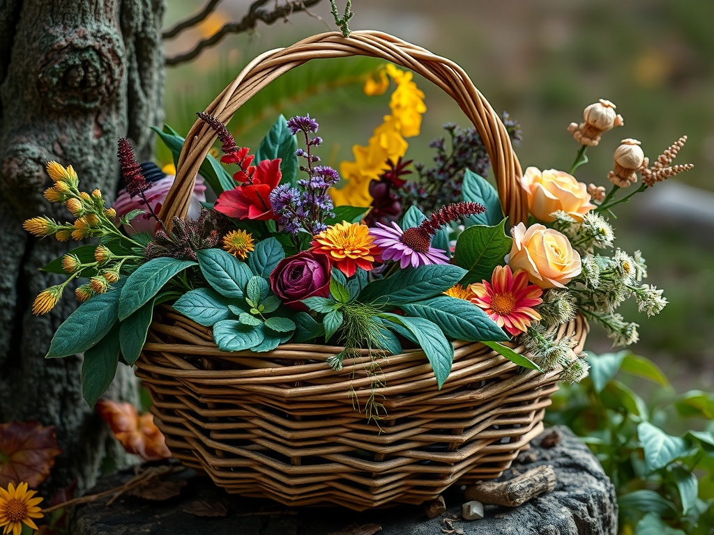 A woven willow basket filled with colorful flowers, symbolizing Imbolc decorations.