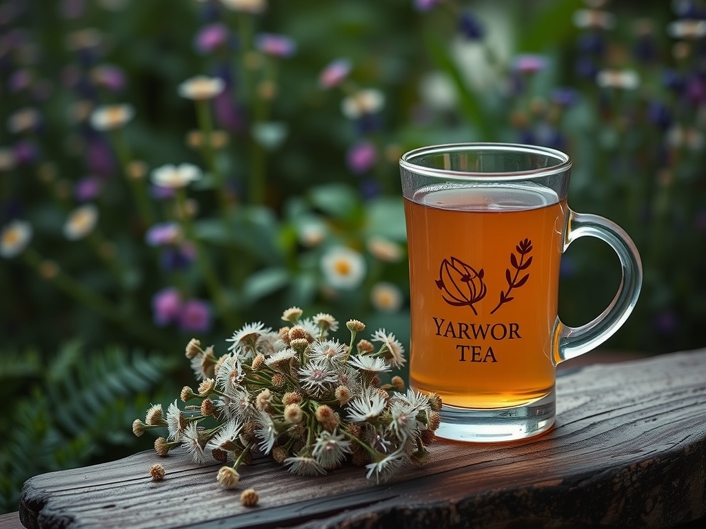 A cup of yarrow tea with dried yarrow flowers beside it, surrounded by a garden.