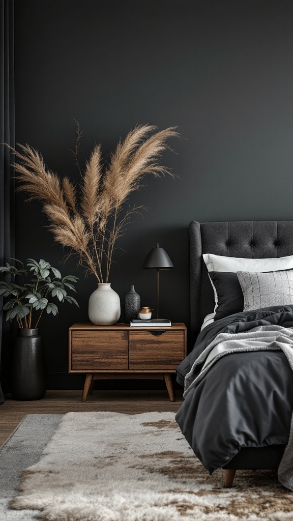 A stylish bedroom with deep charcoal walls, featuring a cozy bed, decorative pillows, and accent pieces.