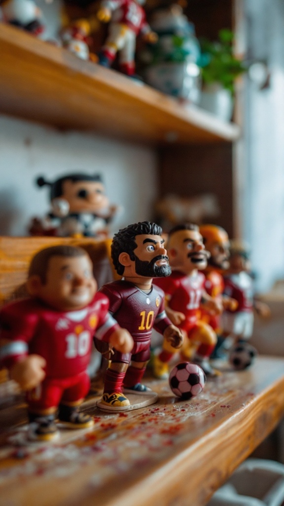 Action figures of football heroes displayed on a shelf in a teen boy bedroom