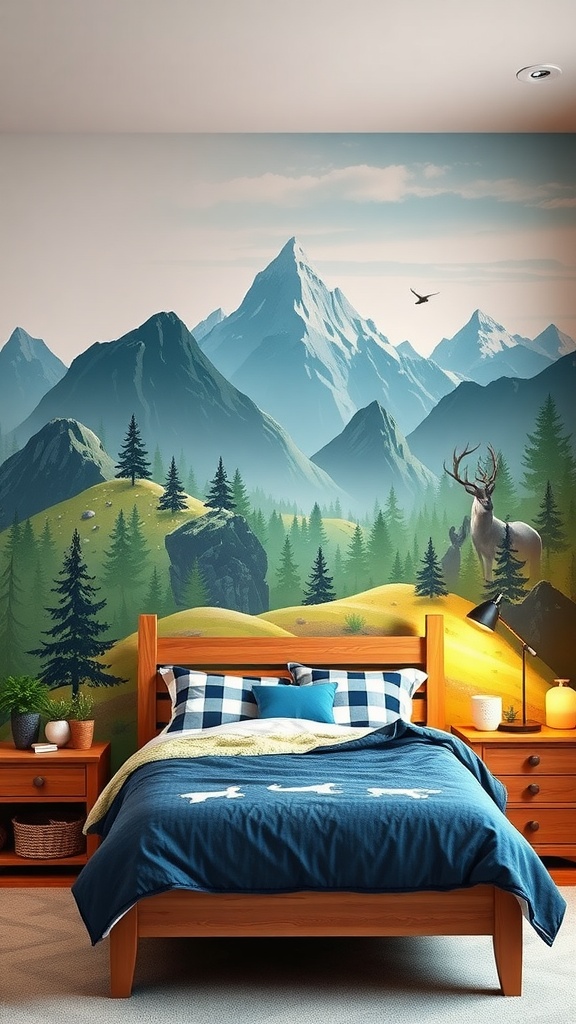 A cozy boys bedroom featuring a nature-themed wall mural with mountains and trees.