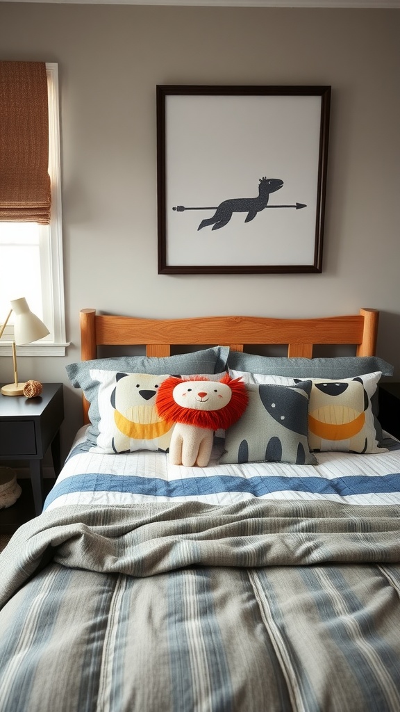 A bed with animal-themed pillows and blankets, creating a cozy bedroom atmosphere.