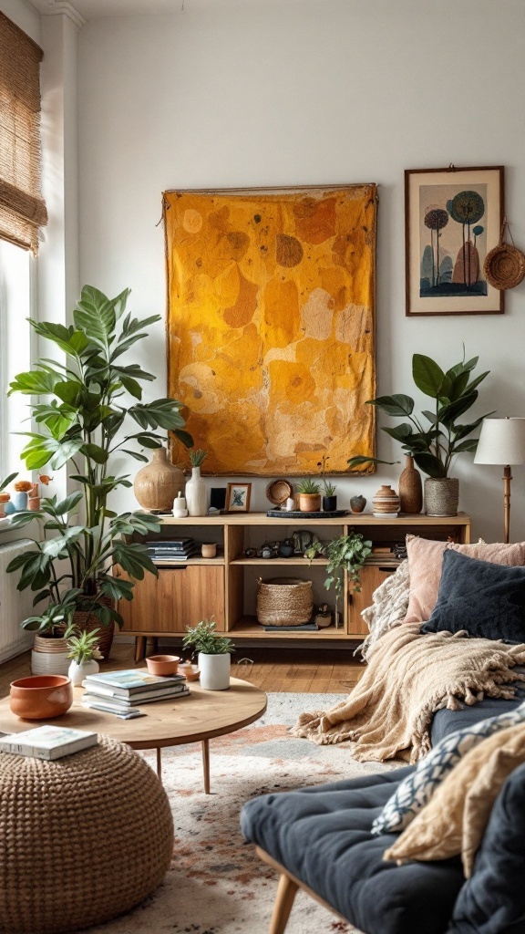 Cozy living room with plants, handmade decor, and a colorful tapestry.