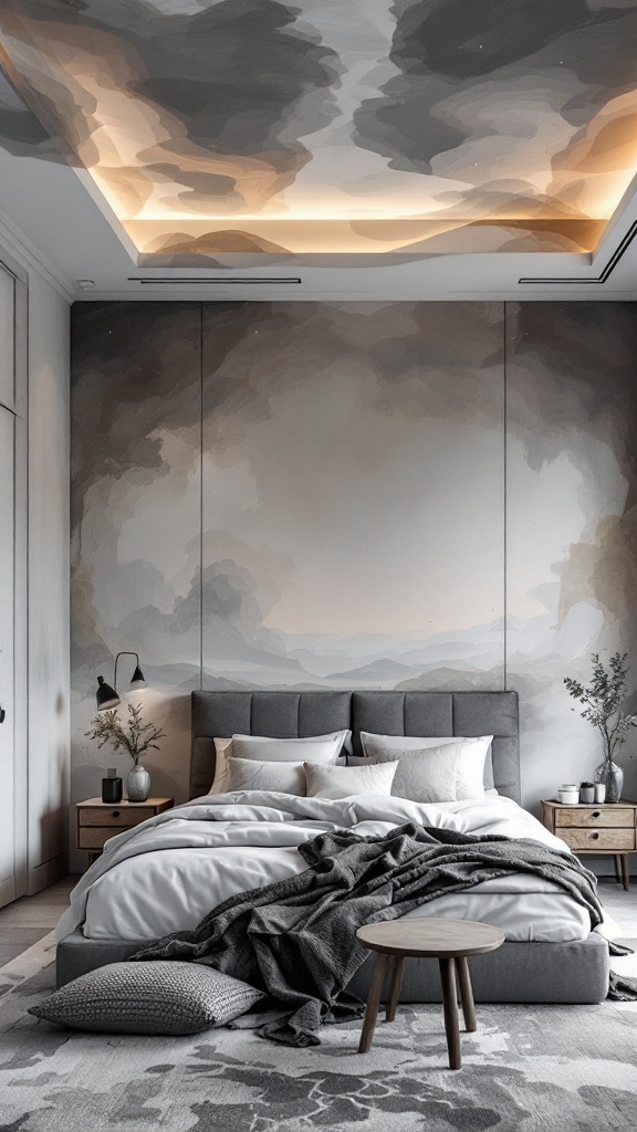 A beautifully designed bedroom with an artistic grey ceiling and grey bed setup.