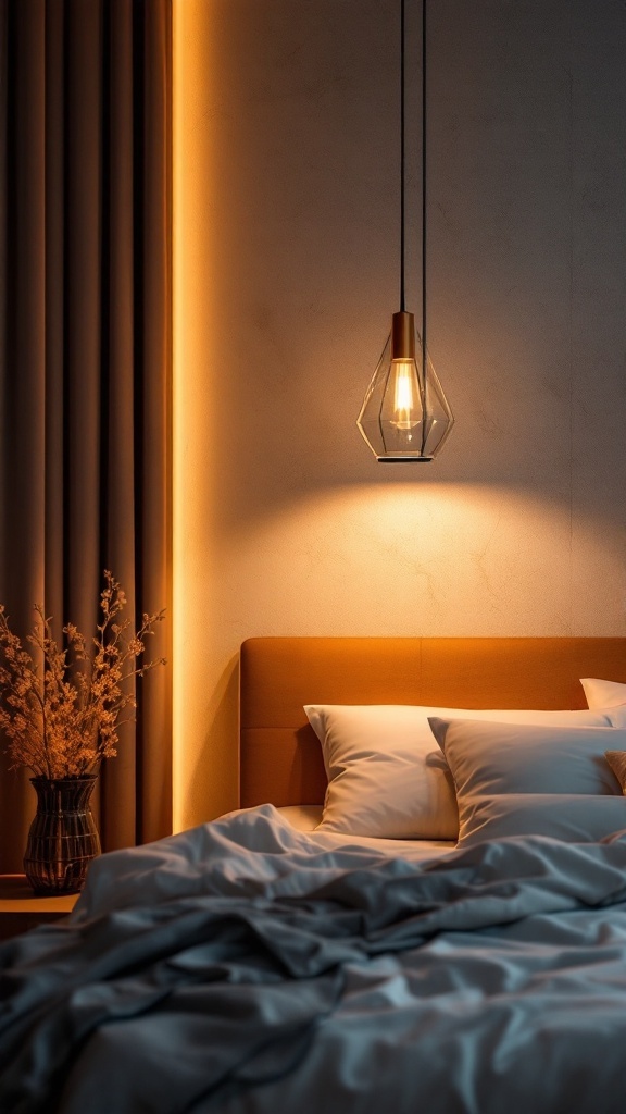 Modern luxury bedroom featuring stylish pendant lighting and elegant decor.