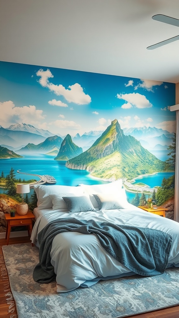 A bedroom with a stunning mural of mountains and a river on the accent wall, featuring soft lighting and minimalist decor.