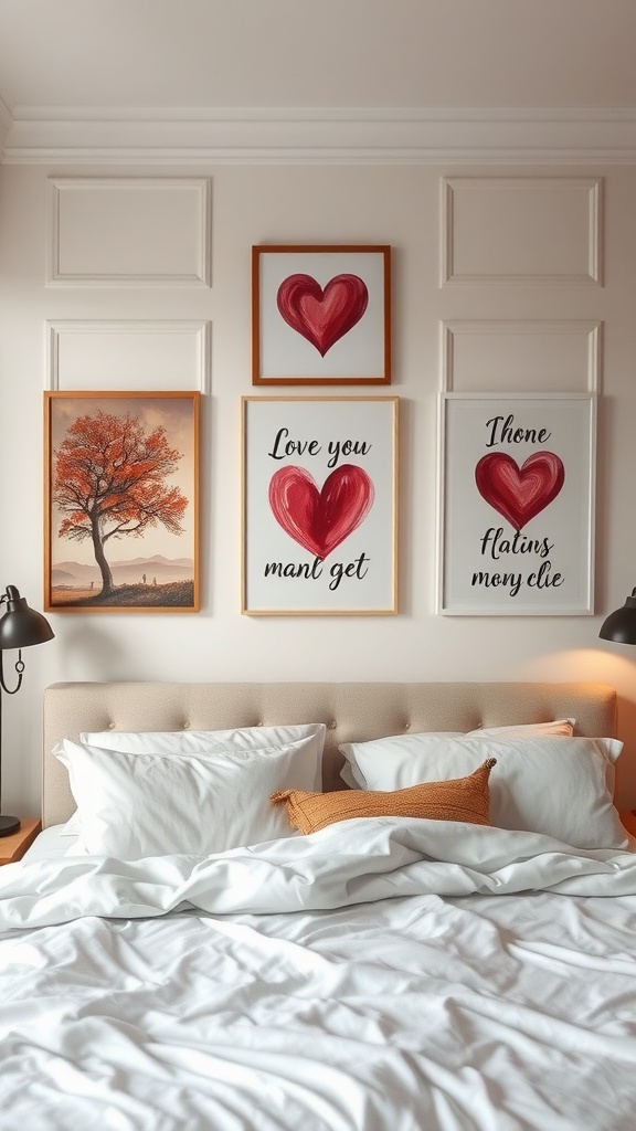 Artwork in a romantic bedroom featuring hearts and a tree painting.