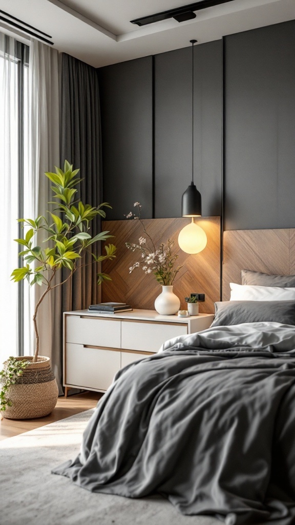 A modern luxury bedroom featuring stylish furniture, soft bedding, and natural elements.