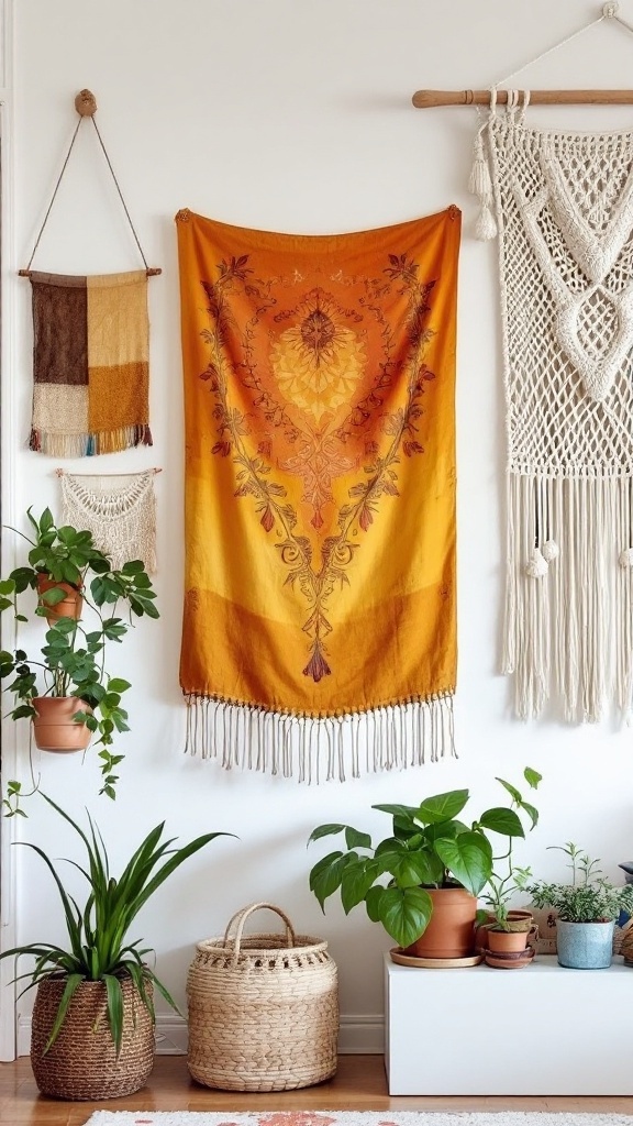 A stylish display of Bohemian wall hangings with plants.