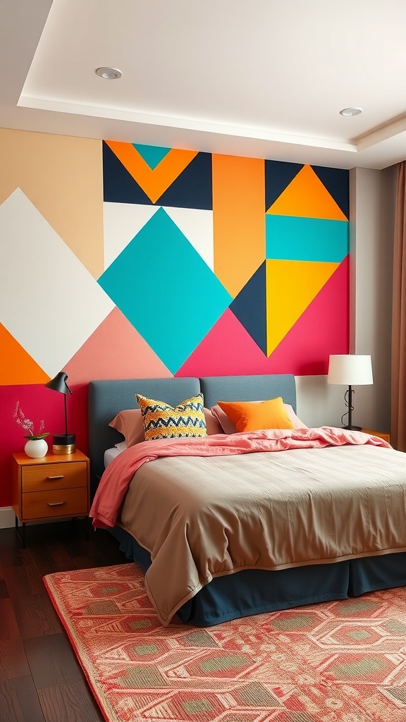 A bedroom featuring a bold geometric accent wall with colorful shapes, a neutral bedspread, and textured pillows.