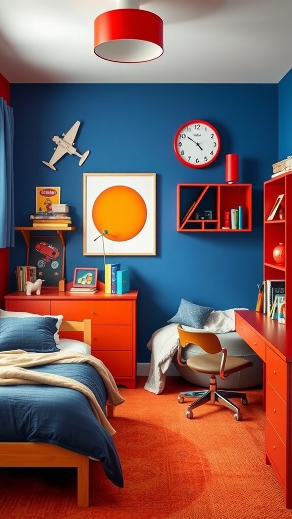 A bright boys bedroom featuring blue walls and red accents, showcasing colorful decor and furniture.