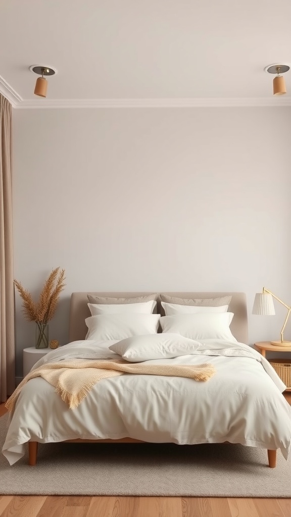 A serene bedroom with neutral tones, featuring a cozy bed and soft decor.