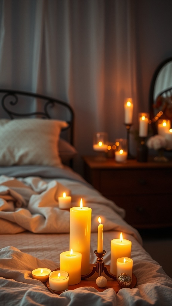 A cozy bedroom setting with various candles placed on the bed and a nightstand, casting a warm glow