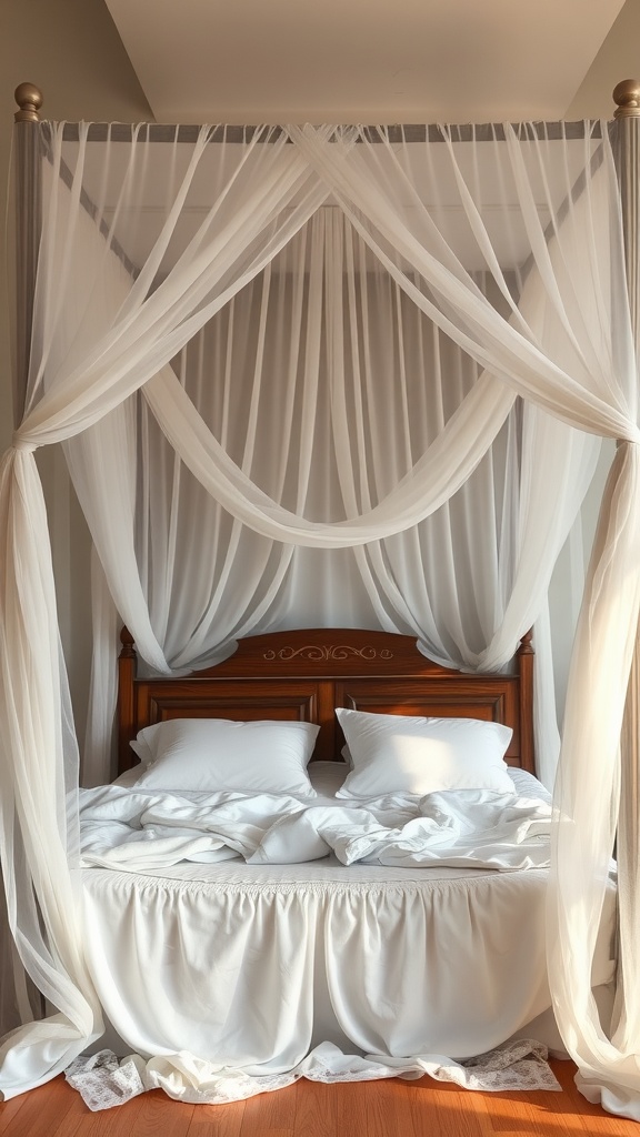 A beautiful canopy bed draped in sheer fabrics, creating a cozy and romantic atmosphere.