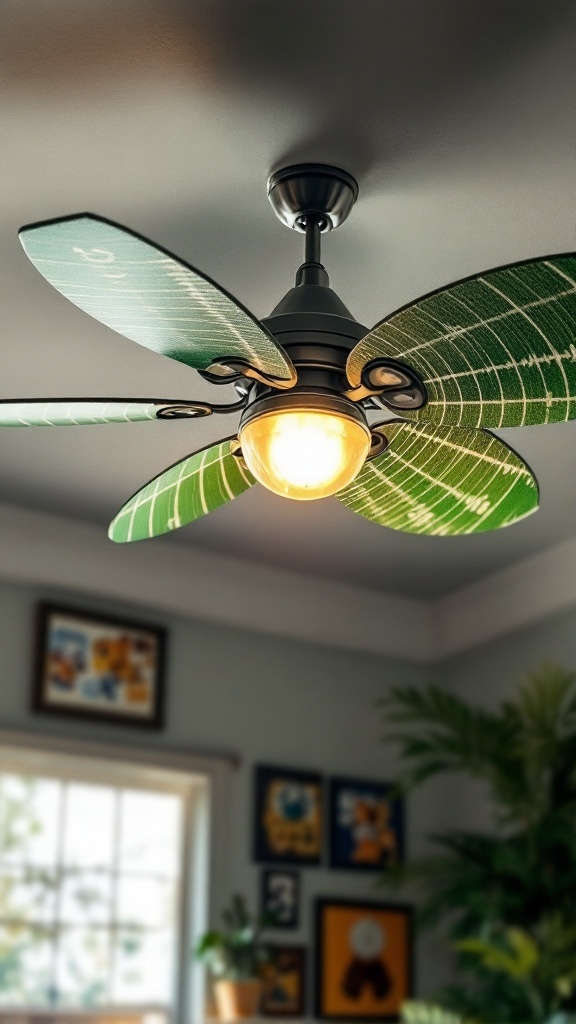 Ceiling fan with sports-themed blades in a modern teen boy bedroom
